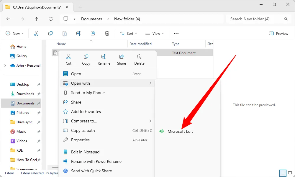 Mô tả tùy chọn mở bằng Microsoft Edit trong menu chuột phải (Open With) của Windows.