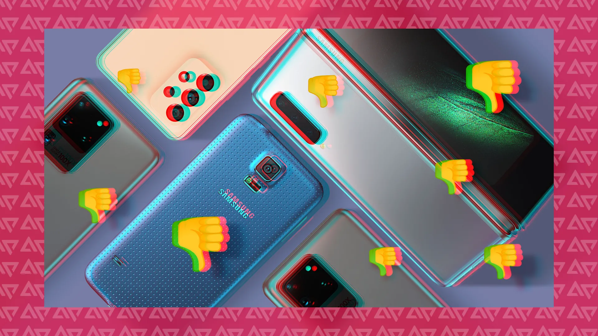 Một vài chiếc điện thoại Samsung với biểu tượng ngón tay cái hướng xuống xung quanh