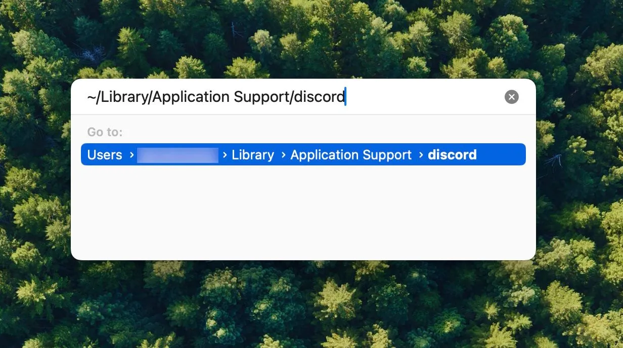 Nhập đường dẫn ~/Library/Application Support/discord vào cửa sổ Đi tới thư mục trên Mac để truy cập thư mục Discord.
