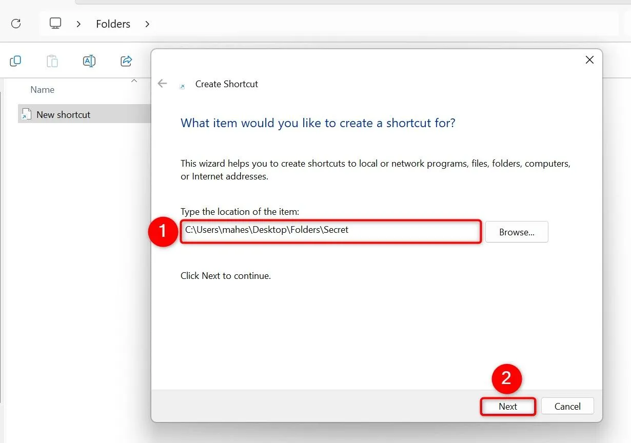 Nhập đường dẫn thư mục vào ô 'Type the Location of the Item' khi tạo phím tắt thư mục mới trên Windows 11
