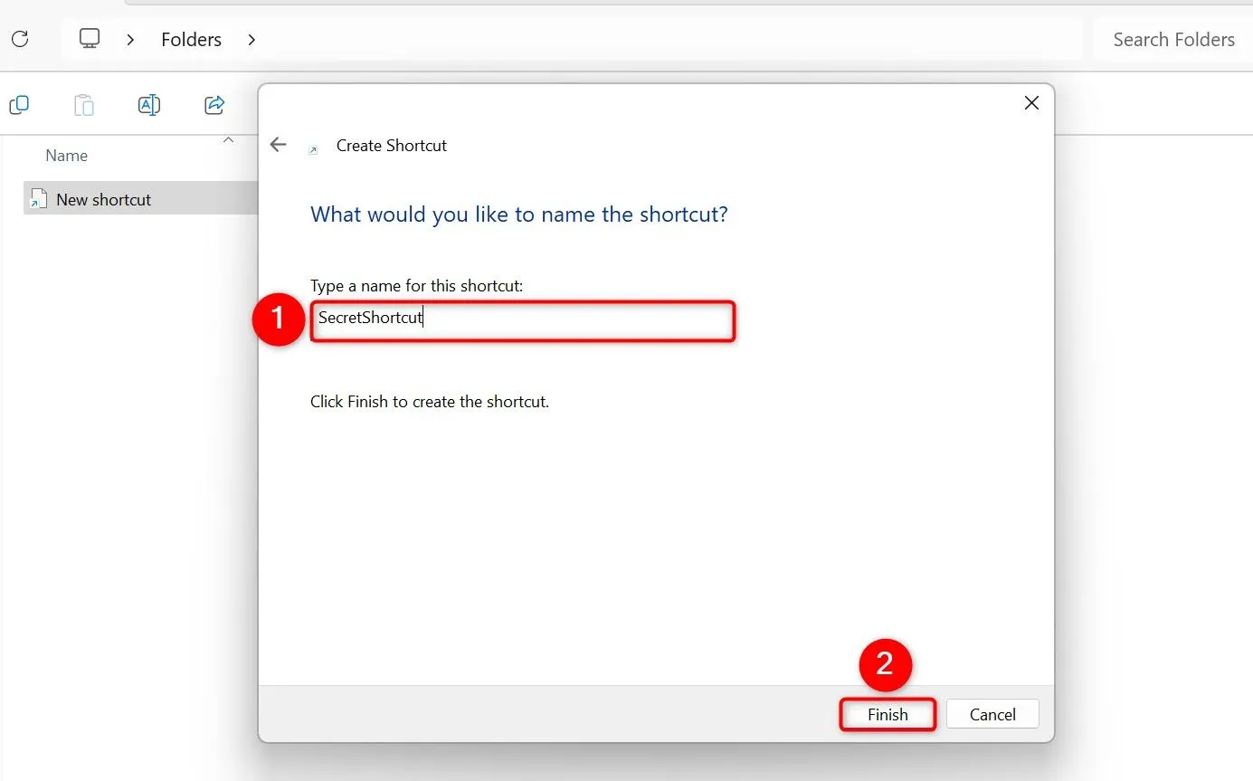 Nhập tên vào ô 'Type a Name For This Shortcut' để đặt tên cho phím tắt thư mục trên Windows 11