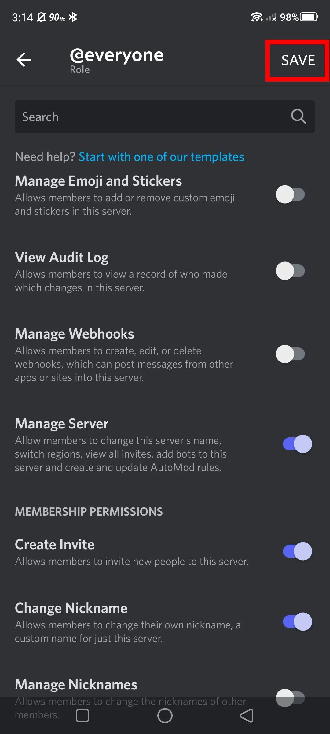 Nút Lưu cài đặt Discord mobile