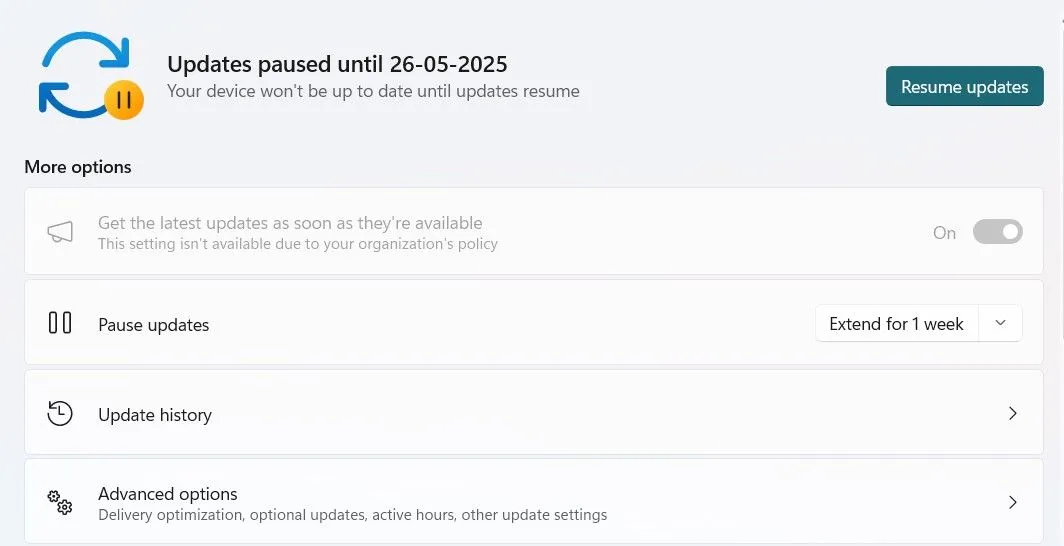 Nút Tiếp tục Cập nhật (Resume Updates) trong ứng dụng Cài đặt trên Windows 11