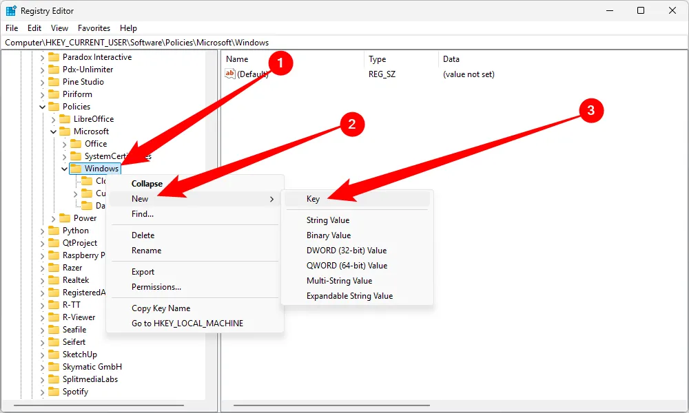 Tạo khóa Registry Explorer mới trong Windows 11
