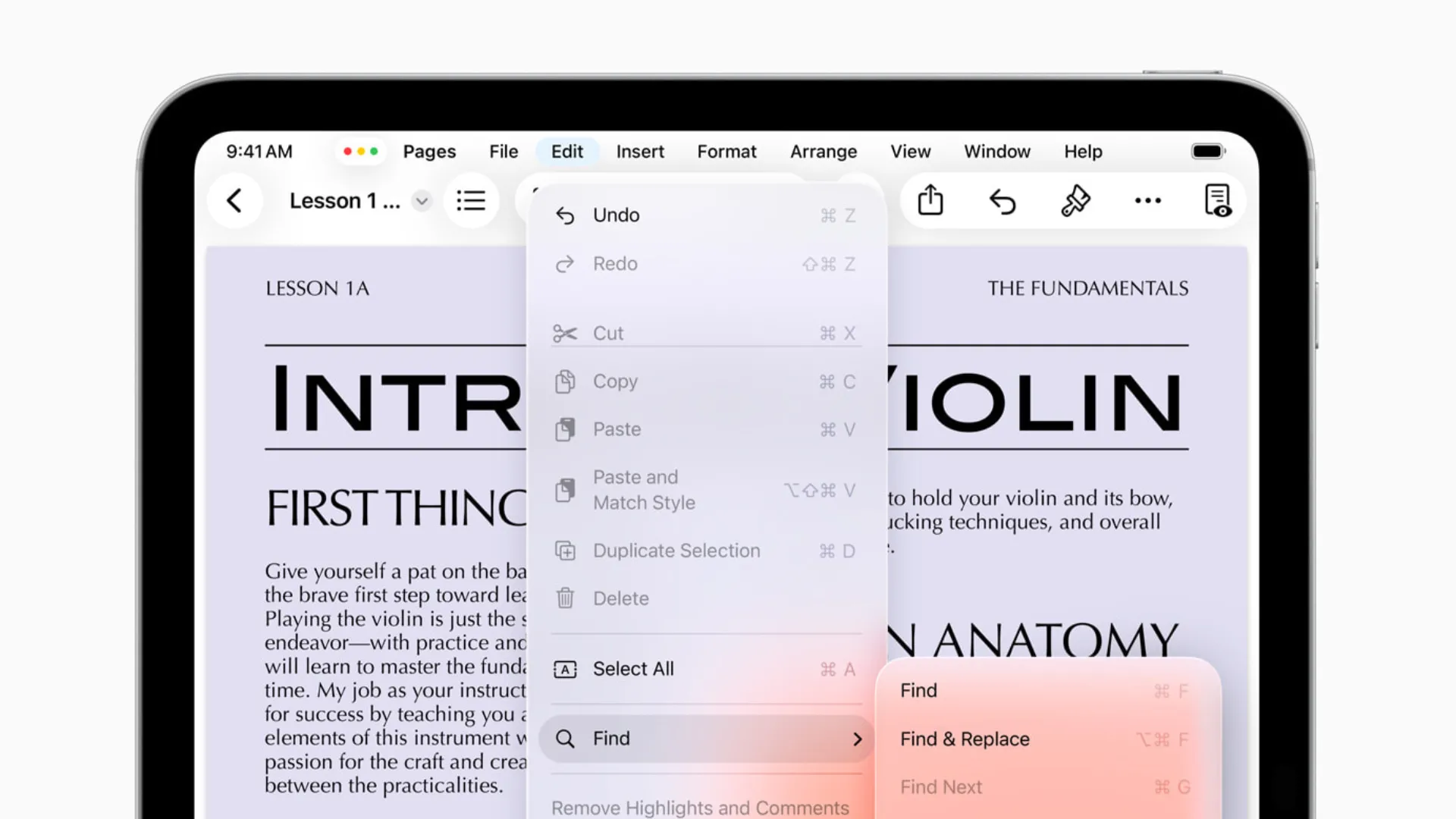 Thanh menu thả xuống mới trong ứng dụng Pages trên iPadOS 26.