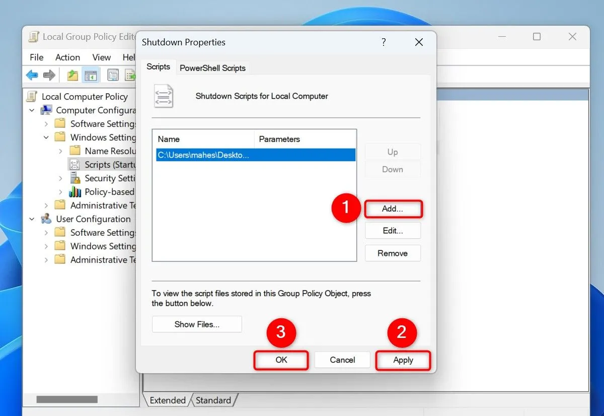 Thiết lập chạy script dọn dọn dẹp file tạm khi tắt máy qua Local Group Policy Editor (chỉ trên Windows Pro)