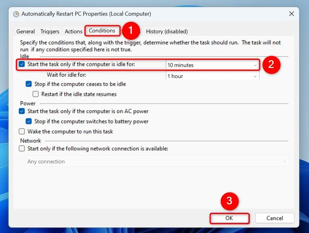 Thiết lập điều kiện chỉ chạy tác vụ khi máy tính rảnh rỗi trong Task Scheduler