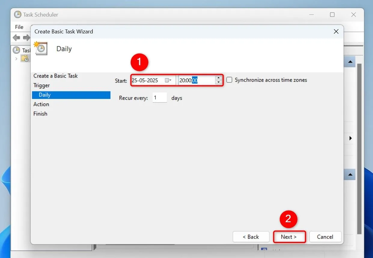 Thiết lập ngày và giờ bắt đầu chạy tác vụ dọn dẹp file tạm trên Windows 11