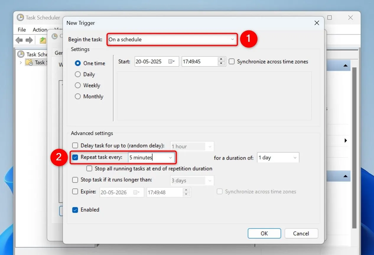 Thiết lập trình kích hoạt lặp lại theo lịch cho tác vụ cảnh báo pin trong Task Scheduler
