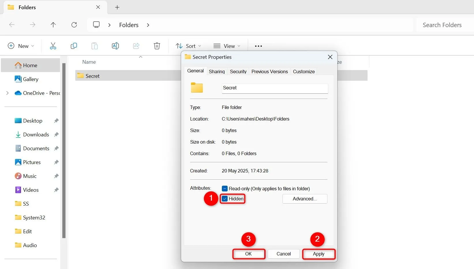 Tích chọn tùy chọn 'Hidden' trong cửa sổ Properties để cài đặt ẩn thư mục trên Windows 11