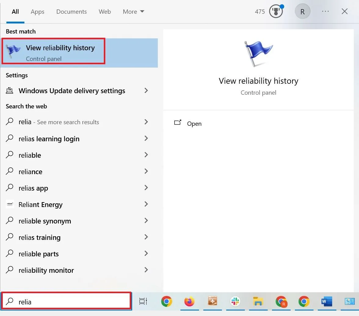 Tìm kiếm "reliability" trong menu Start để mở Giám sát Độ tin cậy Windows.