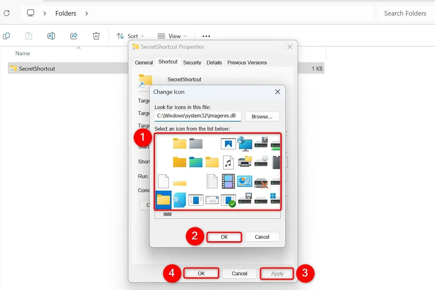 Trong tab Shortcut của cửa sổ Properties, nhấp vào 'Change Icon' để đổi biểu tượng cho phím tắt thư mục trên Windows 11