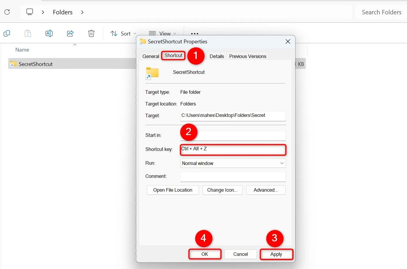 Trong tab Shortcut của cửa sổ Properties, nhấp vào ô 'Shortcut Key' để gán phím tắt bàn phím mở thư mục ẩn trên Windows 11
