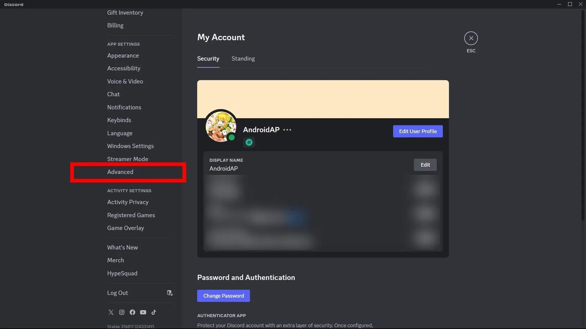 Tùy chọn Nâng cao (Advanced) trong cài đặt ứng dụng Discord PC
