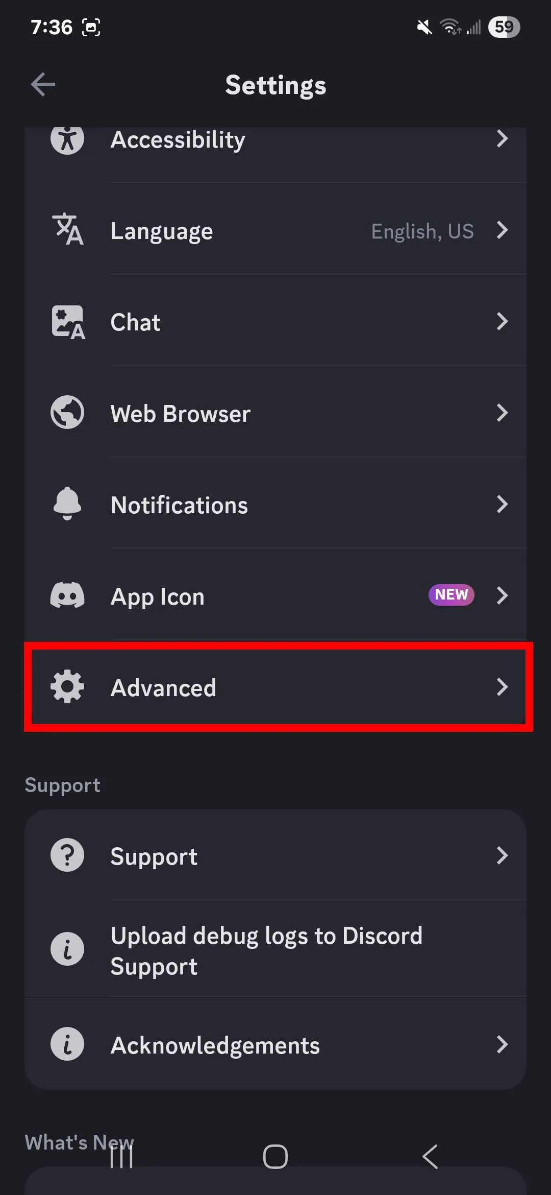 Tùy chọn Nâng cao (Advanced) trong cài đặt ứng dụng Discord trên điện thoại