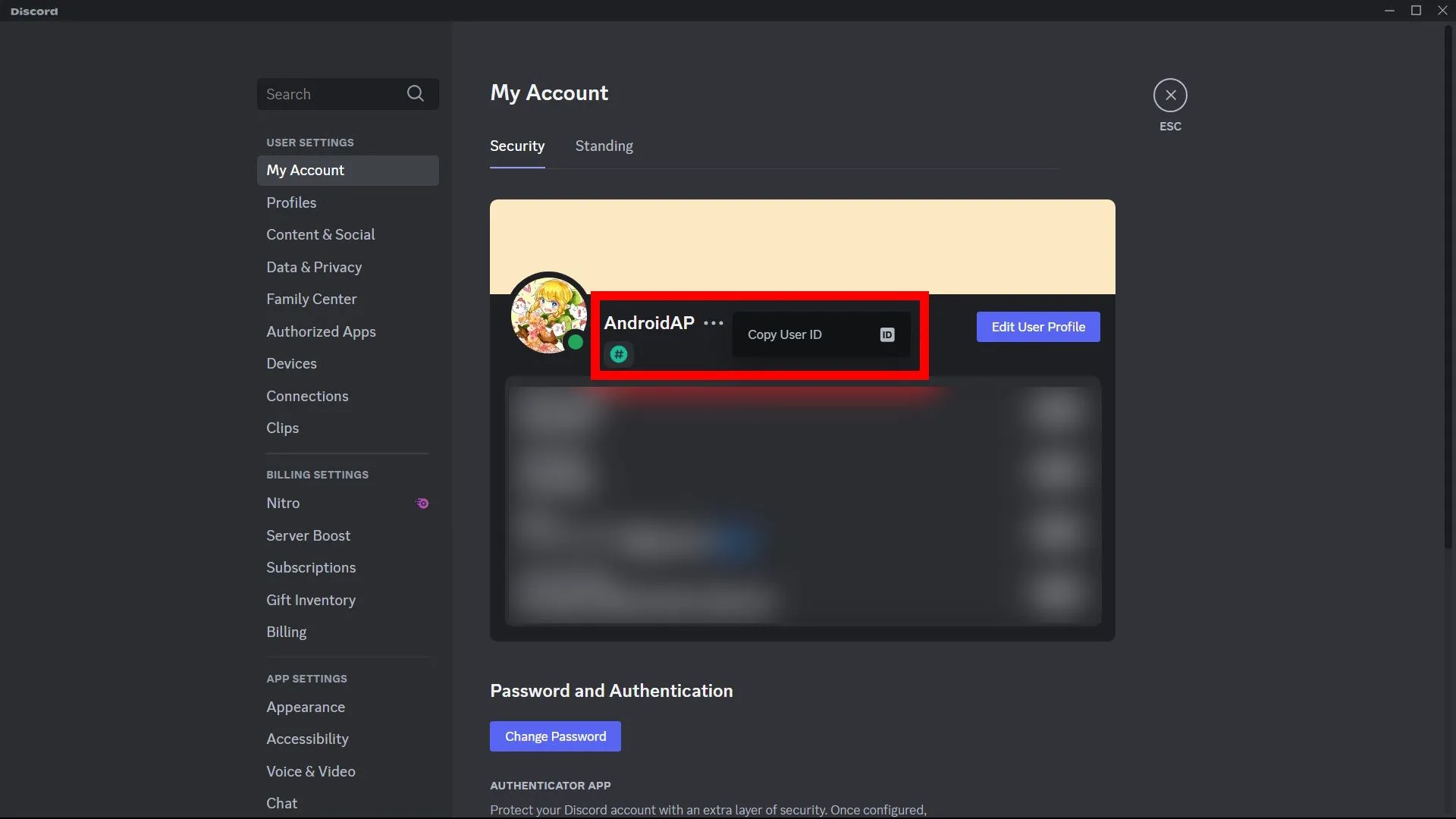Tùy chọn Sao chép ID người dùng (Copy User ID) sau khi nhấp vào biểu tượng ba chấm bên cạnh username Discord PC
