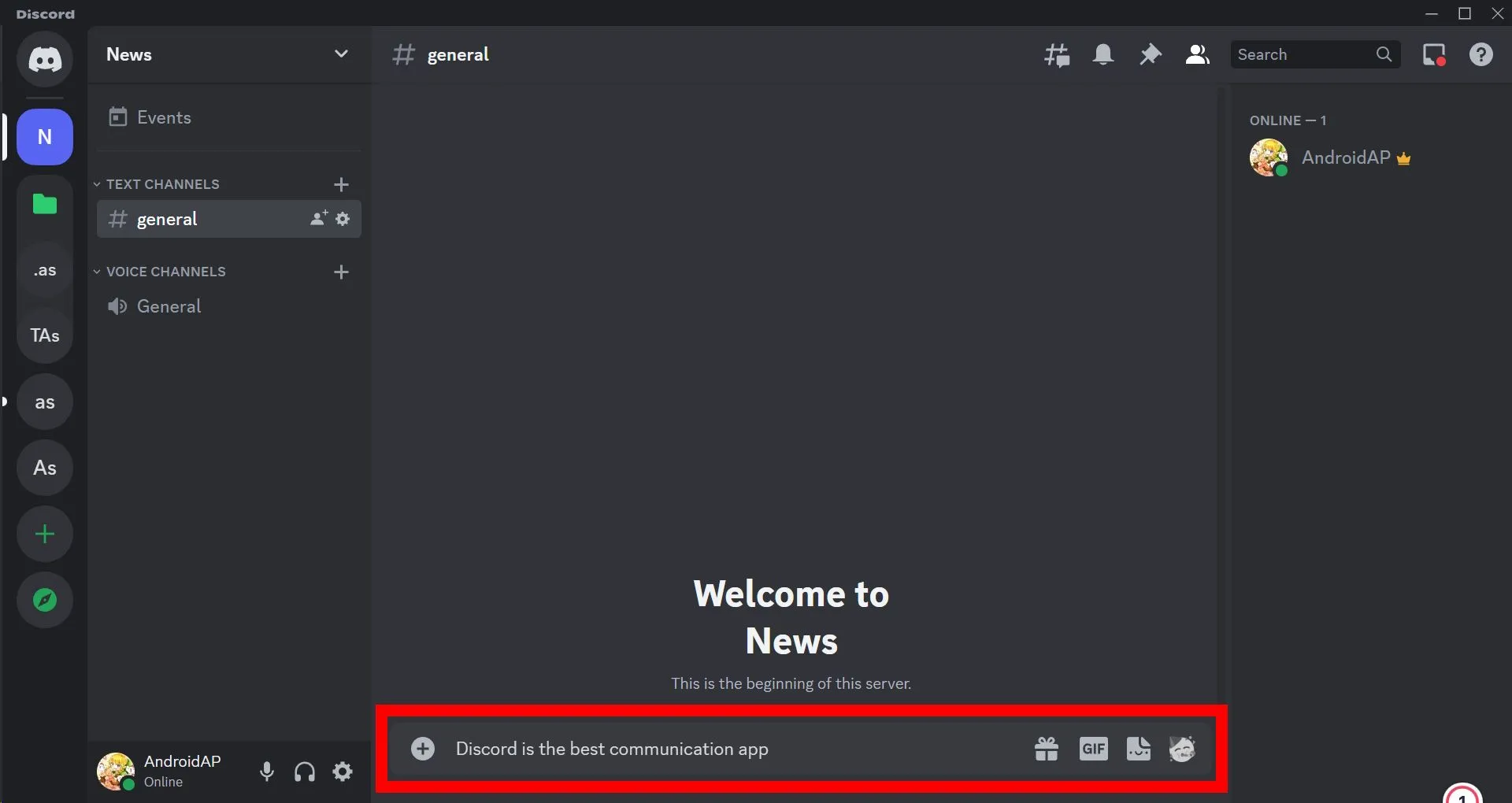 Ví dụ tin nhắn được gõ trong khung chat Discord PC