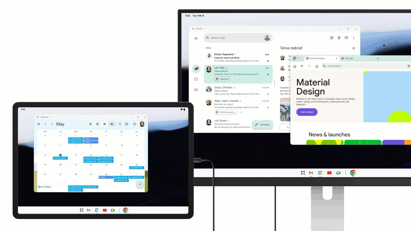 Ví dụ về khả năng đa nhiệm và hỗ trợ nhiều màn hình trong chế độ desktop Android