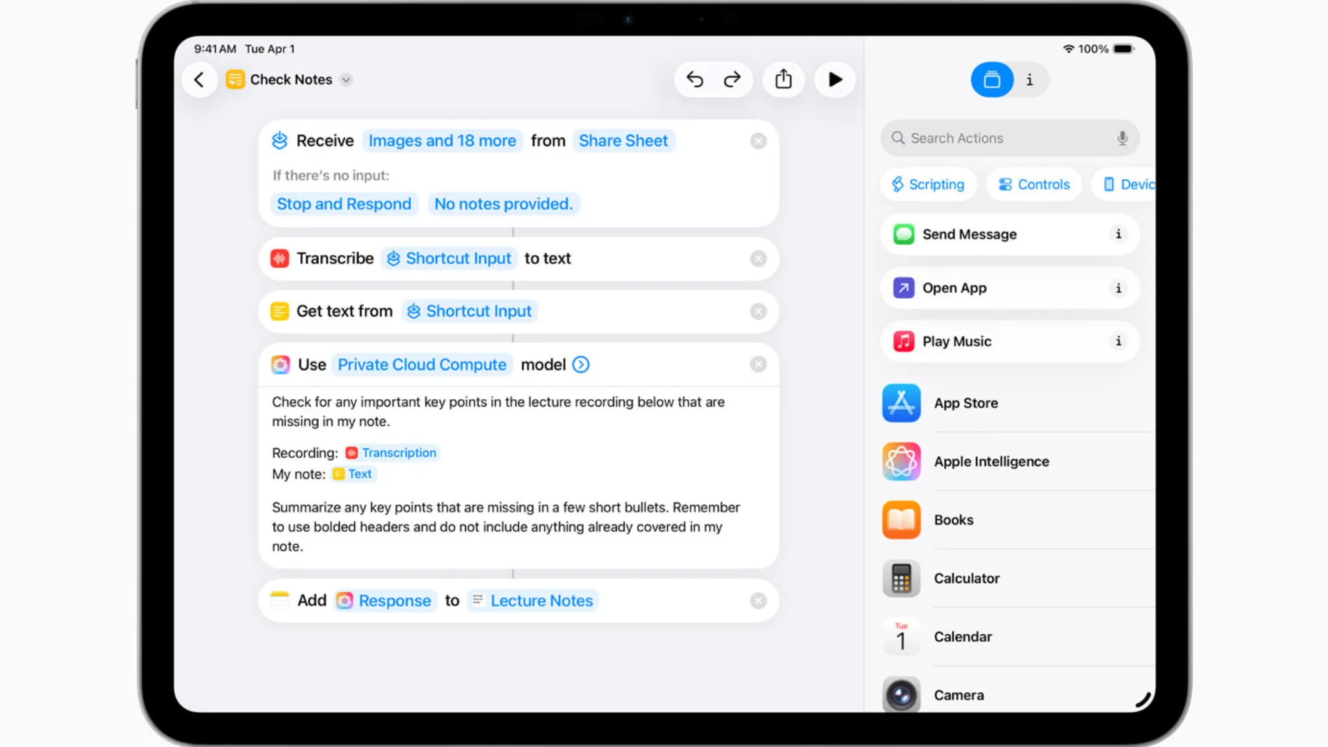 Ví dụ về Phím tắt hỗ trợ Apple Intelligence trong iPadOS 26.