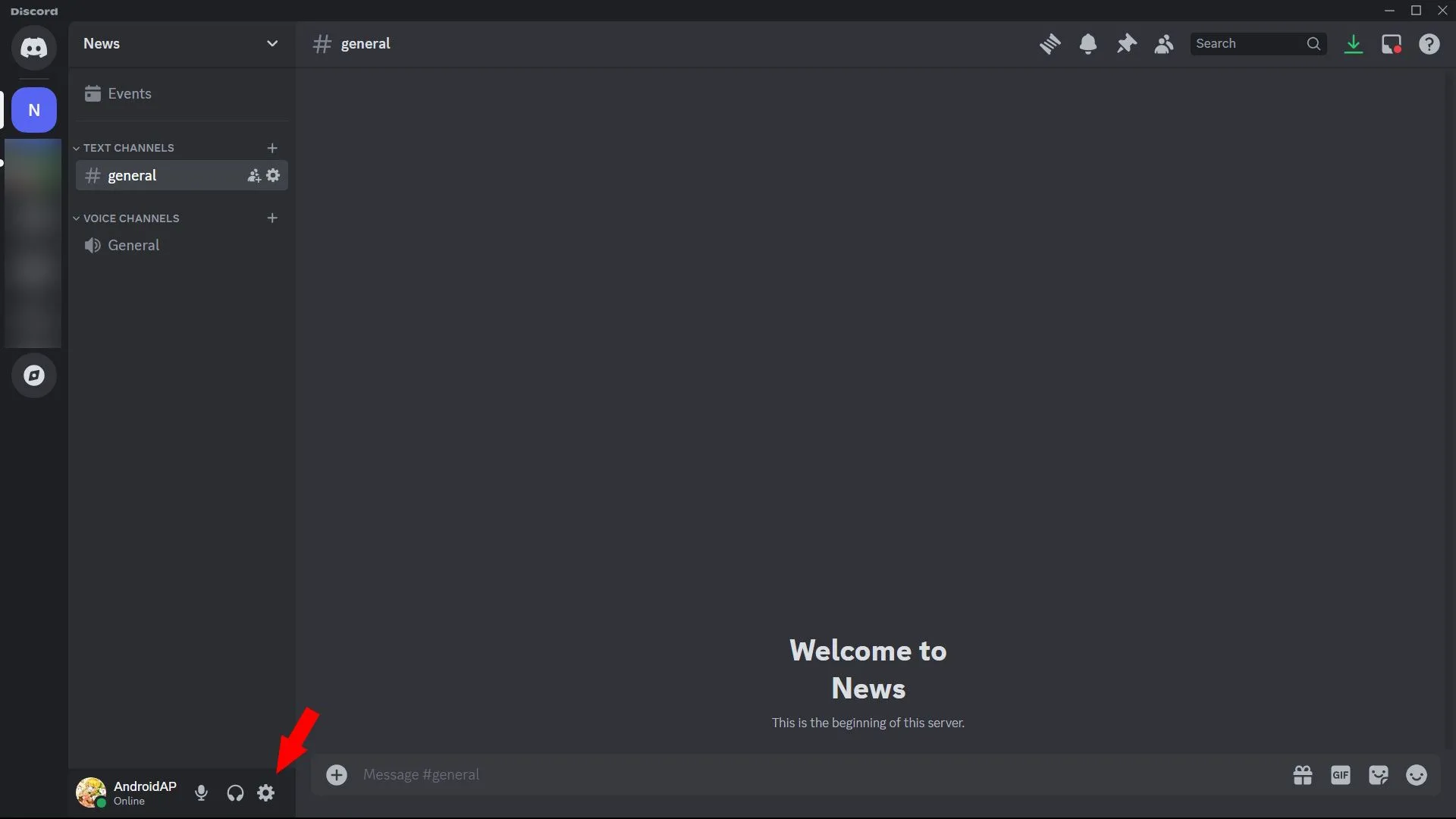 Vị trí biểu tượng Cài đặt người dùng (bánh răng) trong ứng dụng Discord trên máy tính