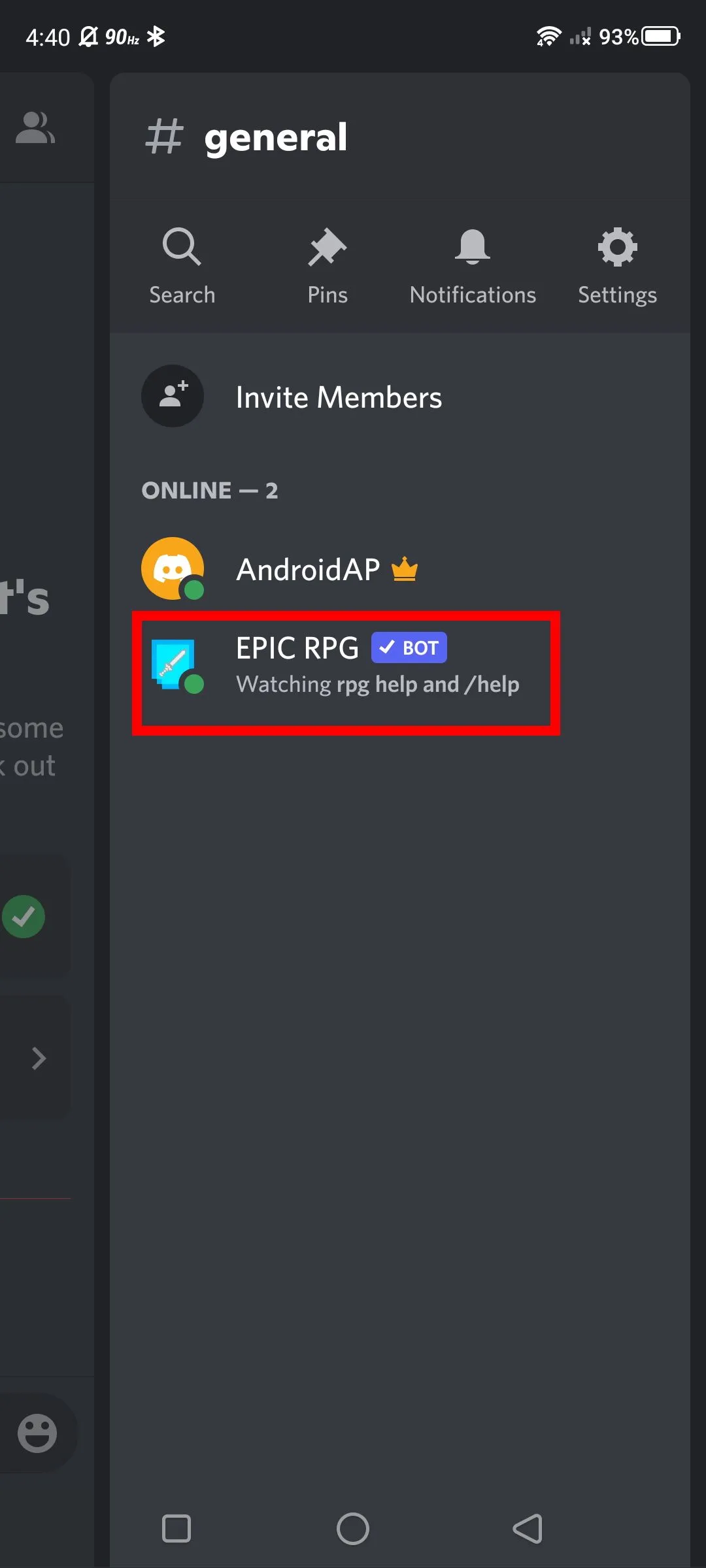 Xem thông tin bot Epic RPG trên Discord mobile