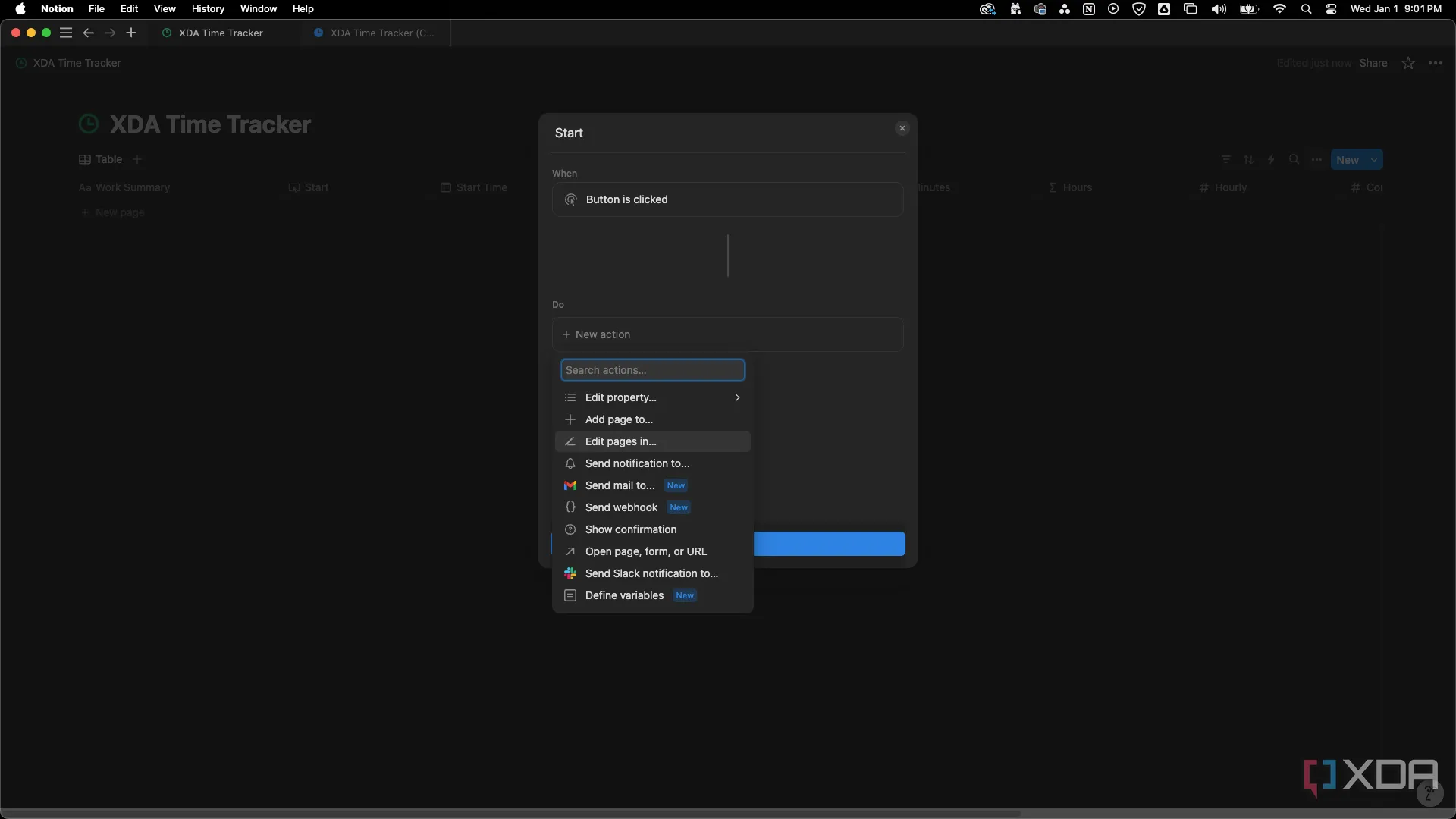 Ảnh chụp màn hình các bước chọn &quot;New action&quot; và &quot;Edit pages in&quot; trong cài đặt tự động hóa nút bấm Notion