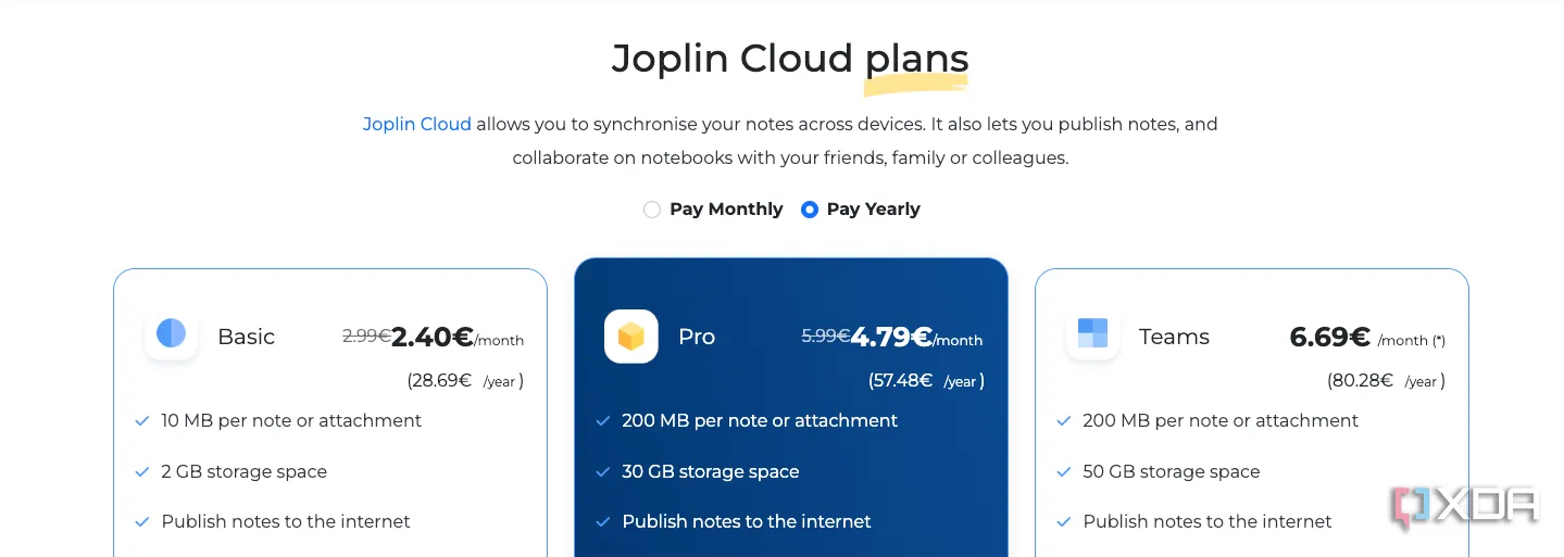 Ảnh chụp màn hình các gói dịch vụ Joplin Cloud, hiển thị chi phí và tùy chọn lưu trữ, làm nổi bật nhược điểm về giá cả và giới hạn dung lượng.