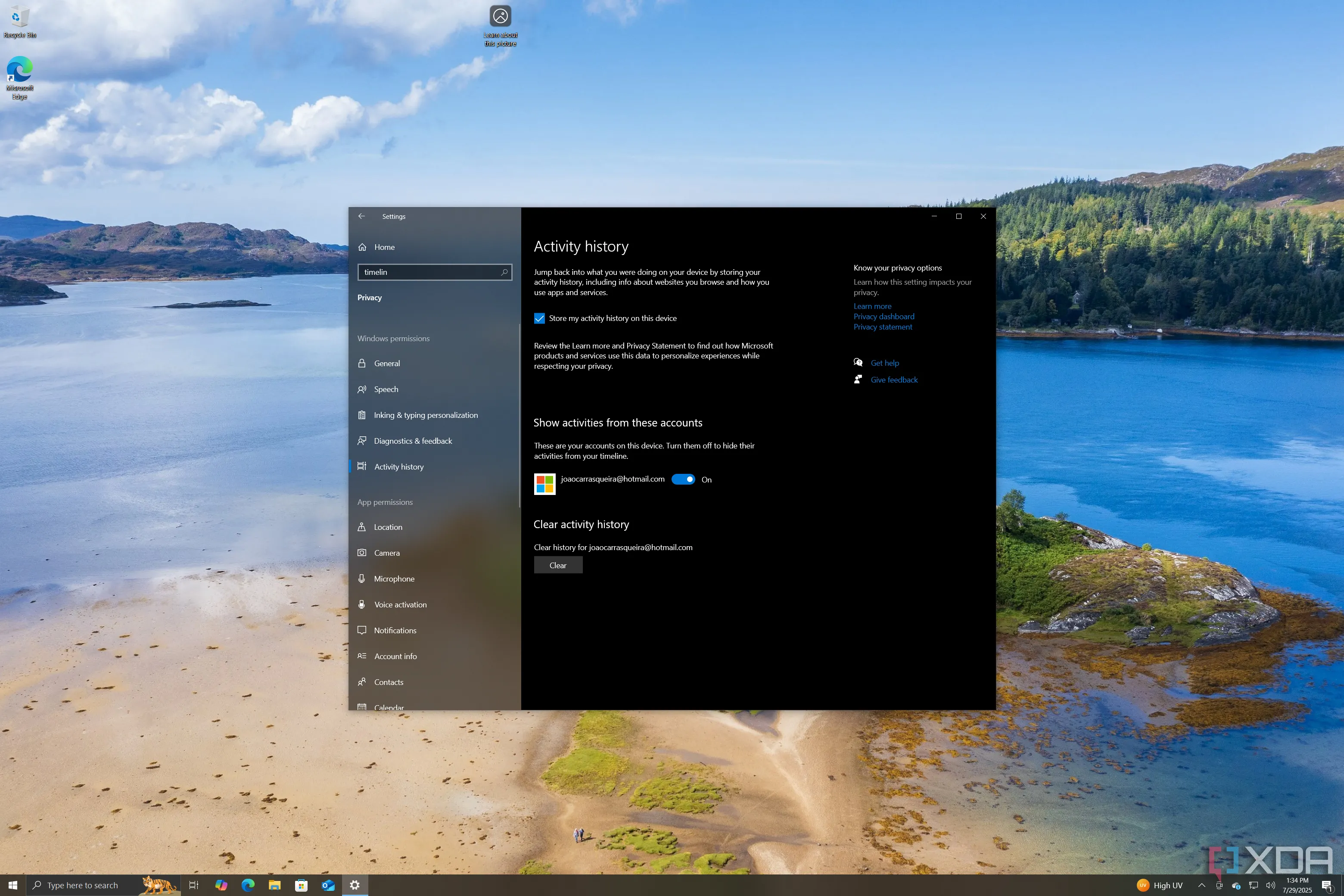 Ảnh chụp màn hình cài đặt lịch sử hoạt động trên Windows 10 phiên bản 22H2