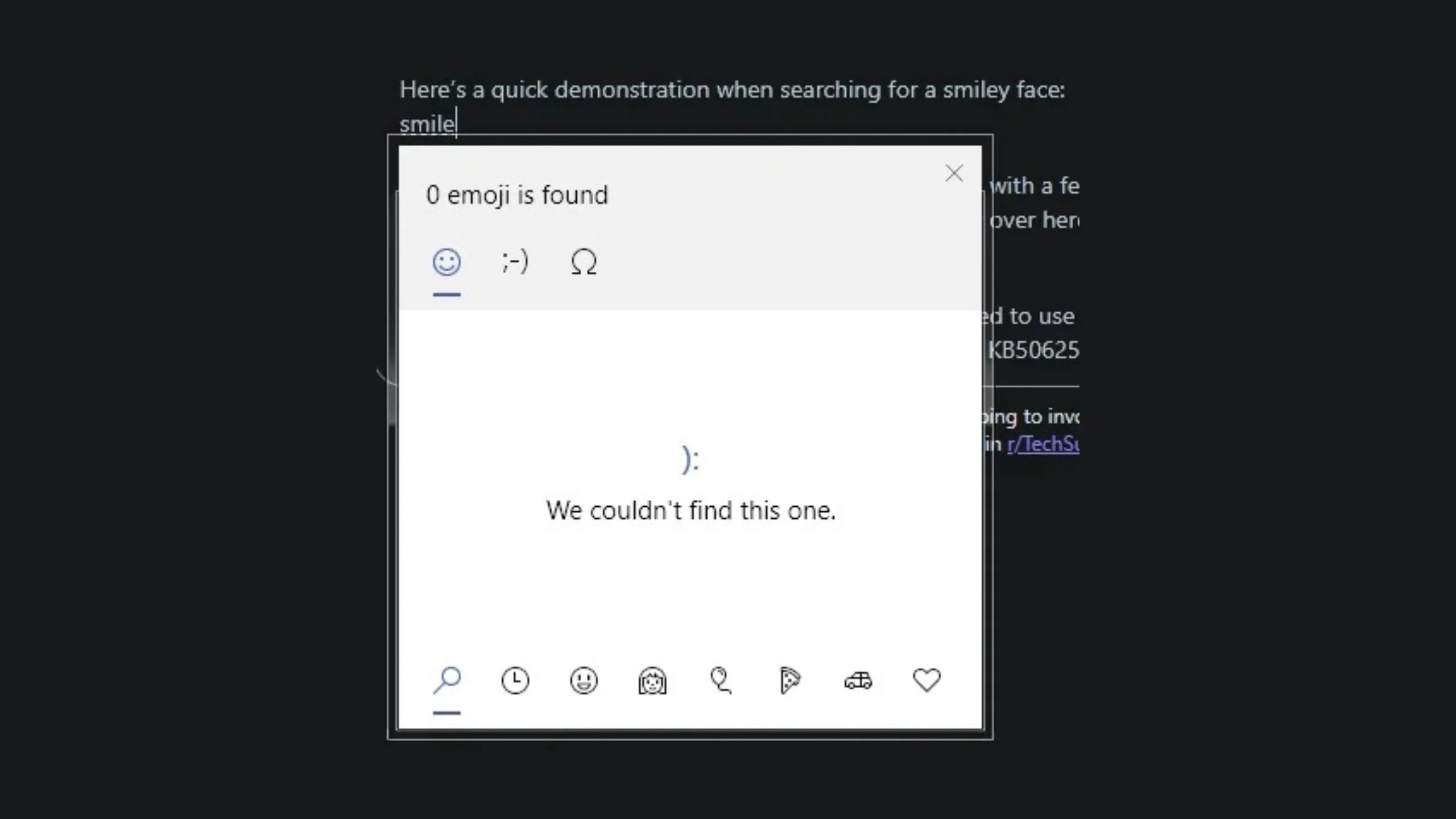 Ảnh chụp màn hình công cụ chọn emoji trên Windows 10 hiển thị lỗi &quot;We couldn't find this one.&quot; khi tìm kiếm từ khóa &quot;smile&quot;