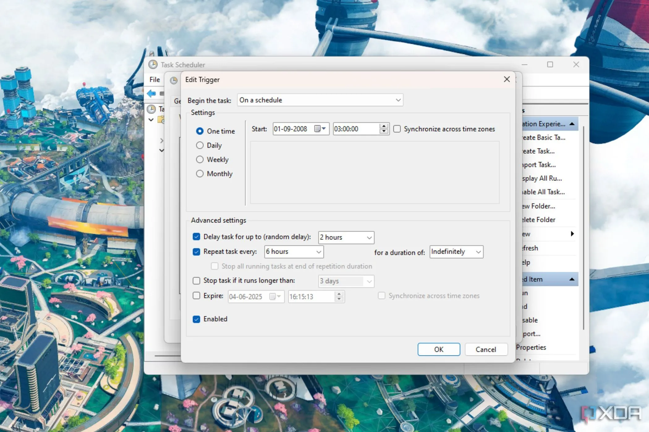 Ảnh chụp màn hình cửa sổ chỉnh sửa Trigger trong Task Scheduler của Windows