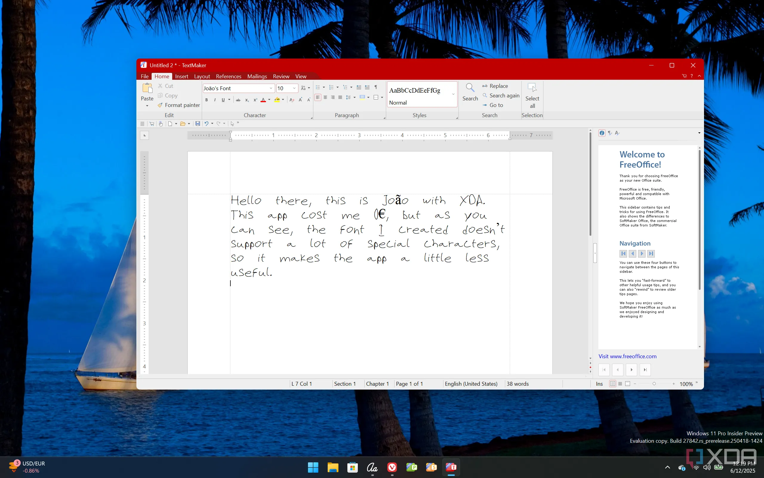 Ảnh chụp màn hình Softmaker FreeOffice hiển thị một font chữ tùy chỉnh tạo từ Microsoft Font Maker, minh họa sự thiếu hụt các ký tự đặc biệt