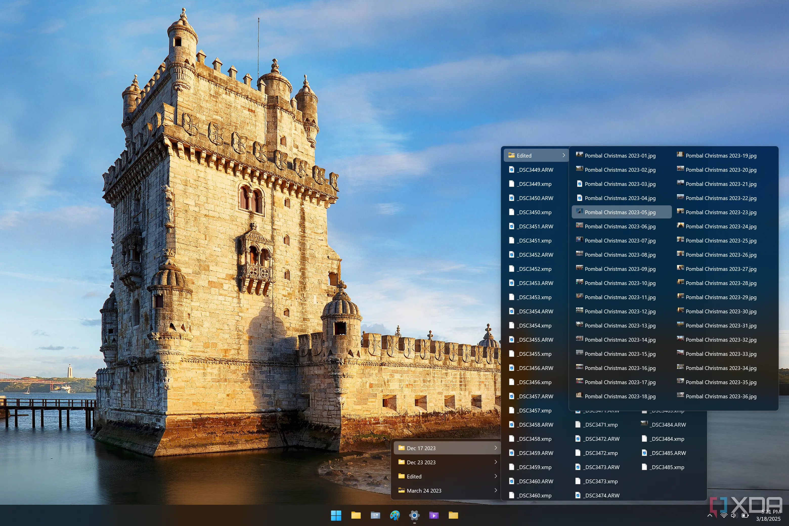 Ảnh chụp màn hình thanh tác vụ Windows 11 với menu thư mục được ghim, cho phép truy cập nhanh các thư mục con.