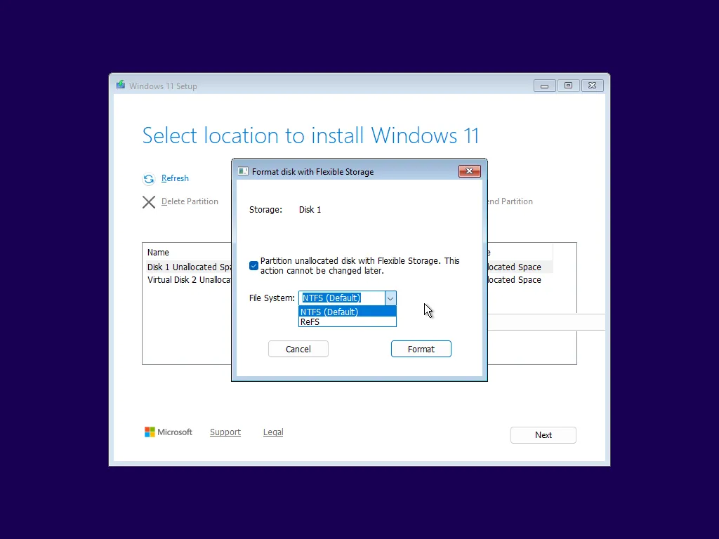 Ảnh chụp màn hình tùy chọn &quot;Flexible Storage&quot; cho phép chọn hệ thống tệp ReFS hoặc NTFS khi cài đặt sạch Windows 11, thể hiện tính năng mới đang được thử nghiệm.