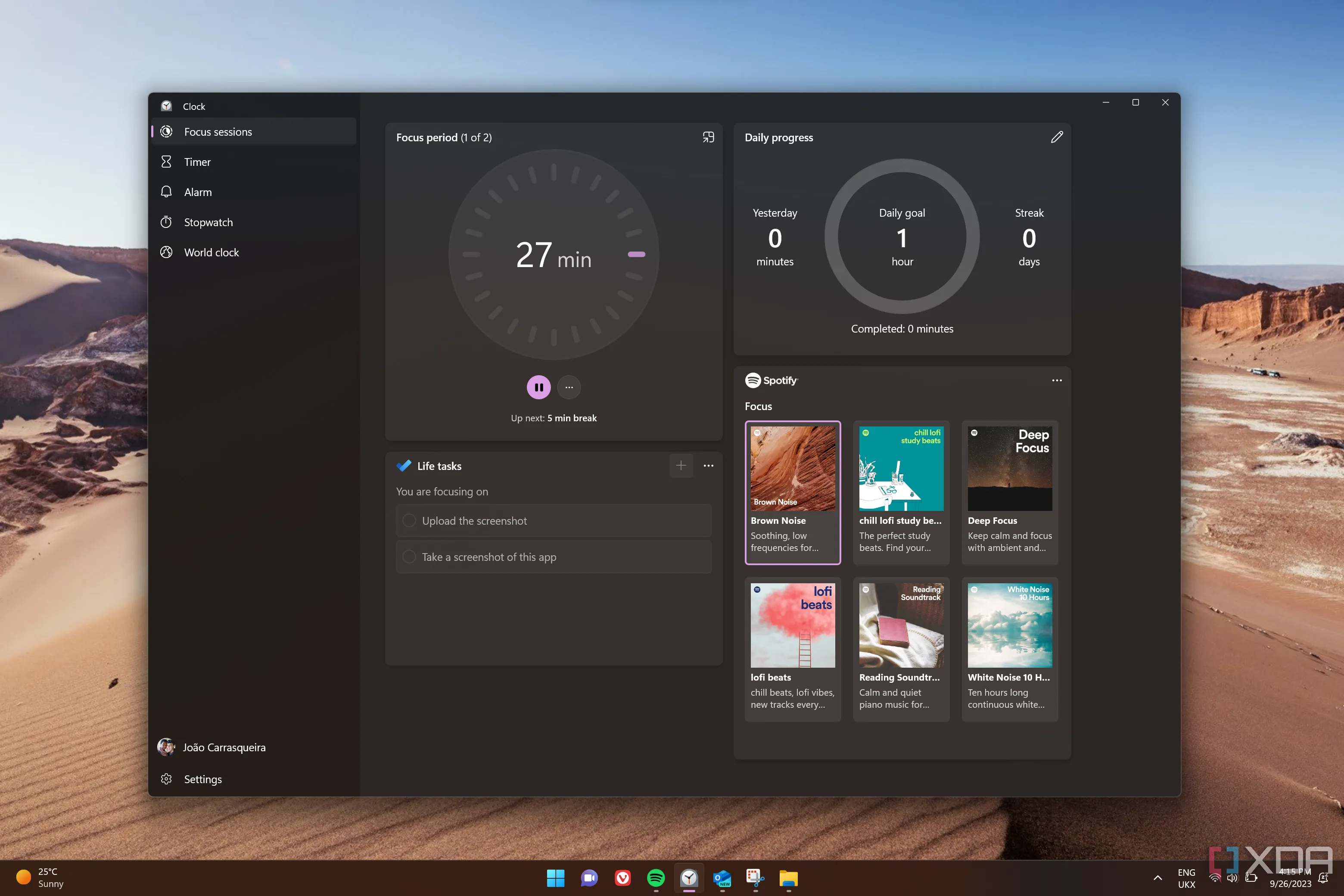 Ảnh chụp màn hình ứng dụng Đồng hồ Windows 11 hiển thị cách bắt đầu một phiên làm việc tập trung (Focus session)