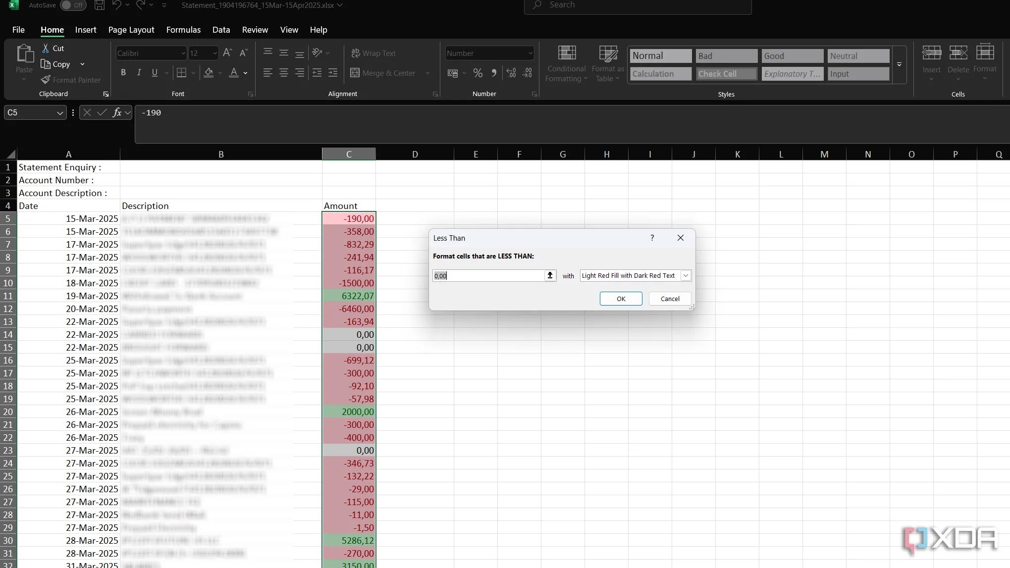 Áp dụng định dạng Less Than trong Excel để đánh dấu các mục chi tiêu