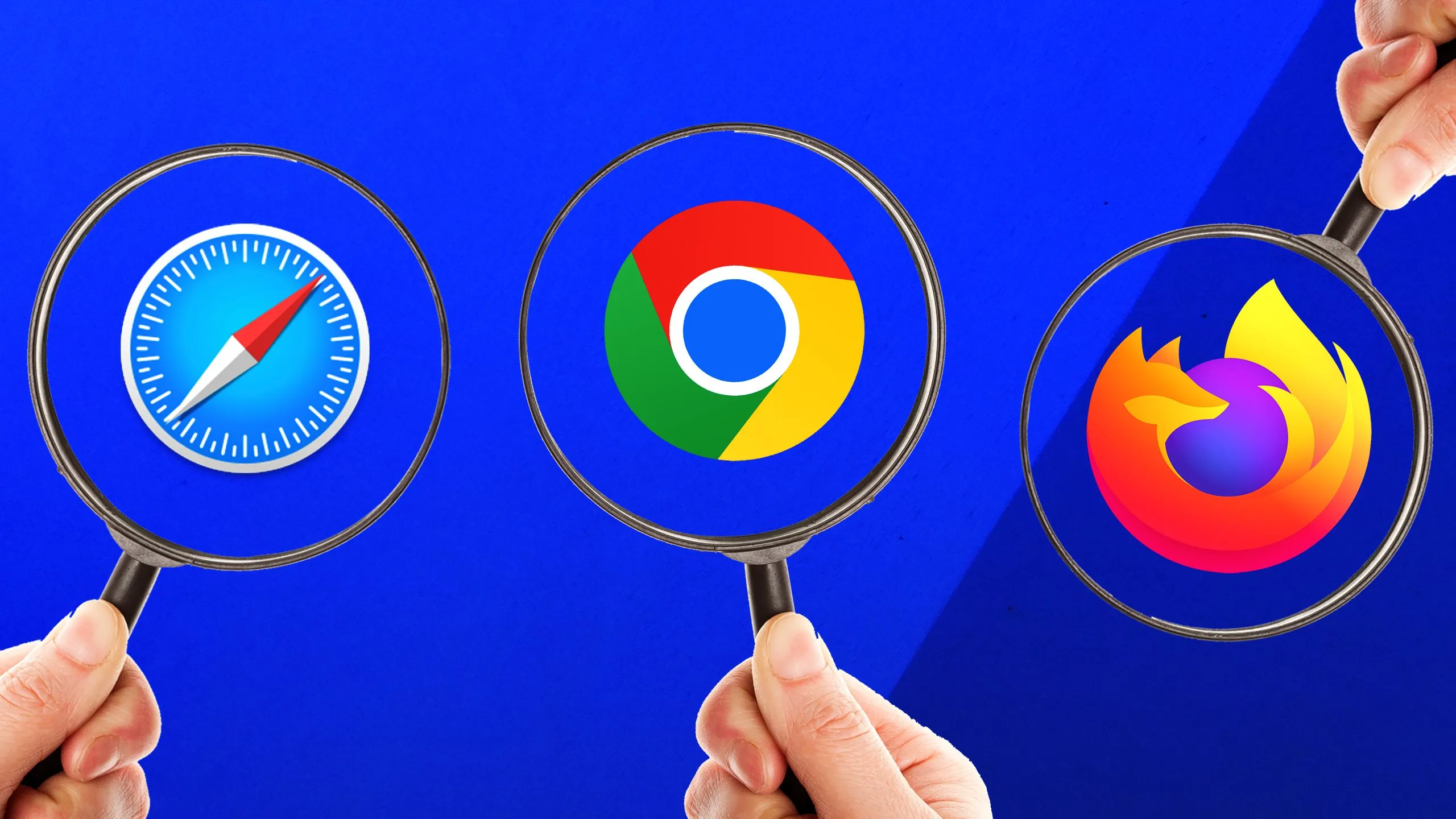 Các logo trình duyệt như Brave, DuckDuckGo và Firefox được phóng to qua kính lúp, tượng trưng cho việc bảo vệ quyền riêng tư trực tuyến.