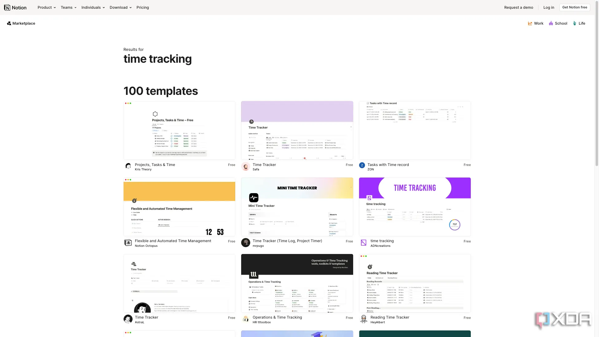 Các mẫu template theo dõi thời gian có sẵn trên trang web Notion, minh họa sự đa dạng nhưng đôi khi phức tạp