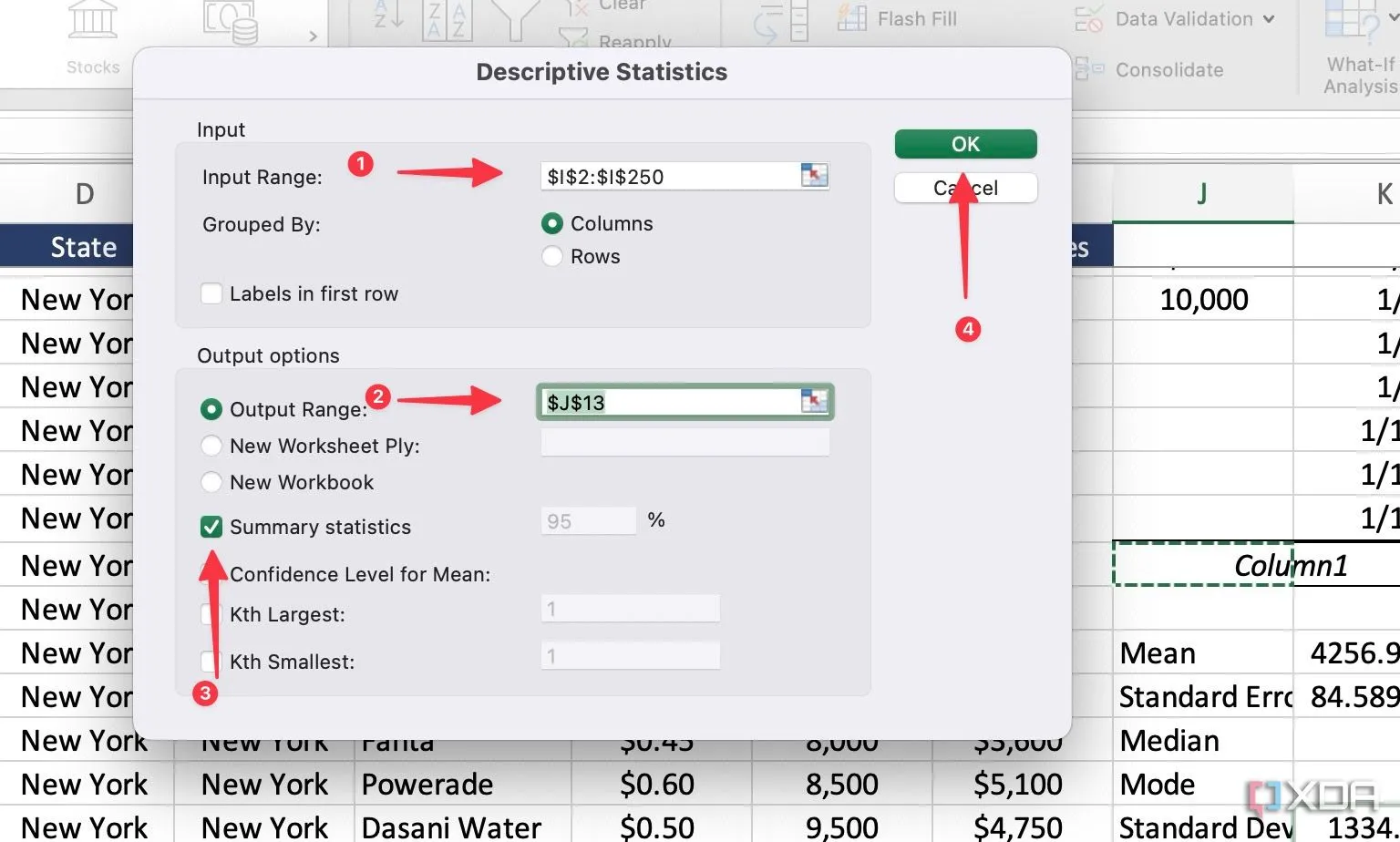 Các tùy chọn trong hộp thoại thống kê mô tả Excel