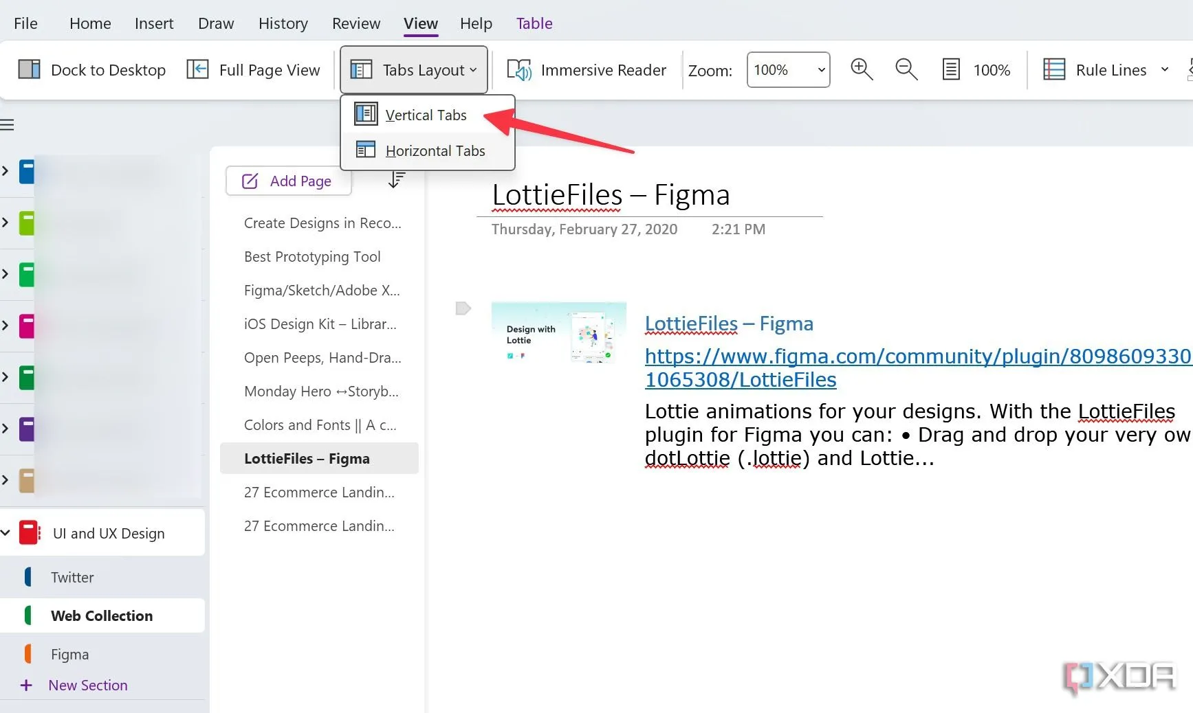 Cách bật bố cục tab dọc (Vertical Tabs) trong cài đặt Xem (View) của OneNote.
