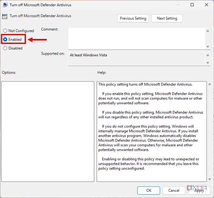 Cài đặt chính sách &quot;Turn off Microsoft Defender Antivirus&quot; được đặt thành &quot;Enabled&quot;