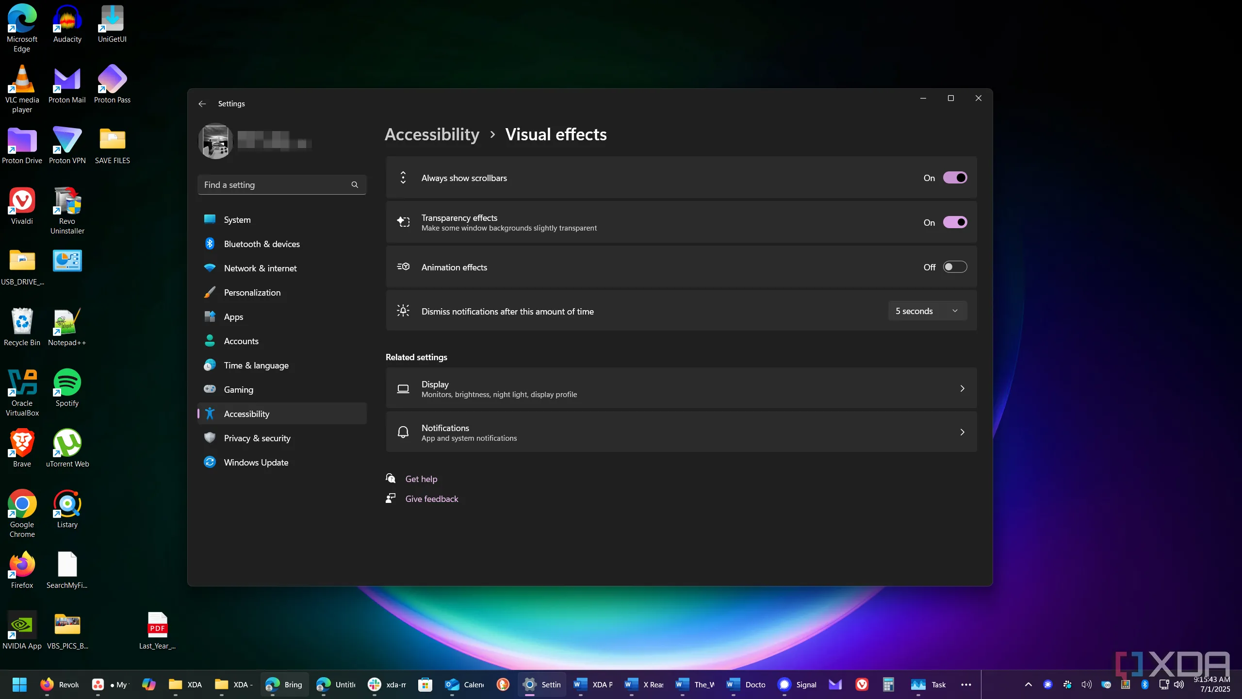 Cài đặt &quot;Luôn hiển thị thanh cuộn&quot; trong phần Hiệu ứng thị giác của Windows 11