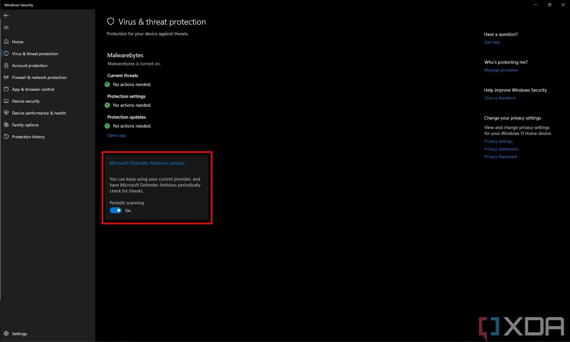 Cài đặt Microsoft Defender cho phép quét định kỳ khi có phần mềm diệt virus khác