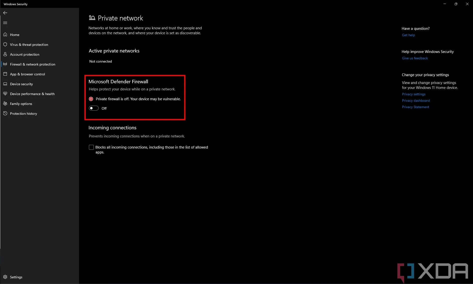 Cài đặt Tường lửa Microsoft Defender cho mạng riêng với tường lửa đã tắt