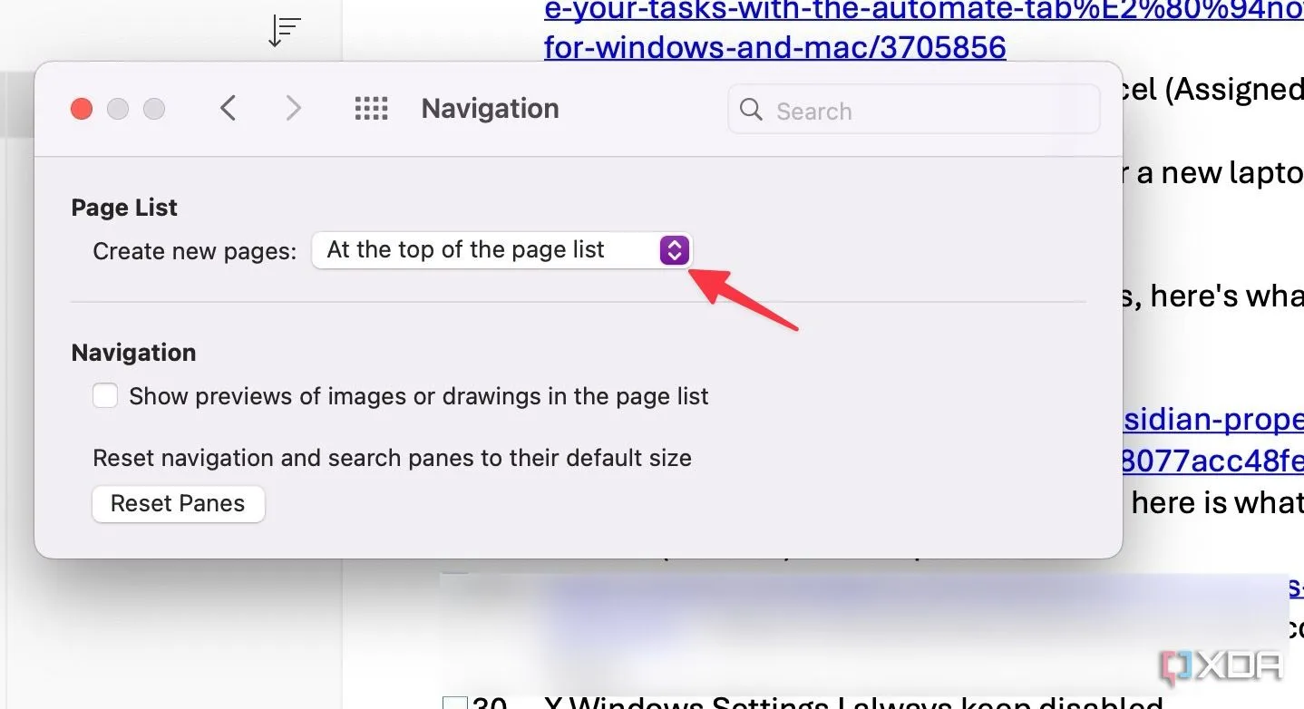 Cài đặt vị trí tạo trang mới trong OneNote trên Mac, chọn &quot;At the top of the list&quot;.