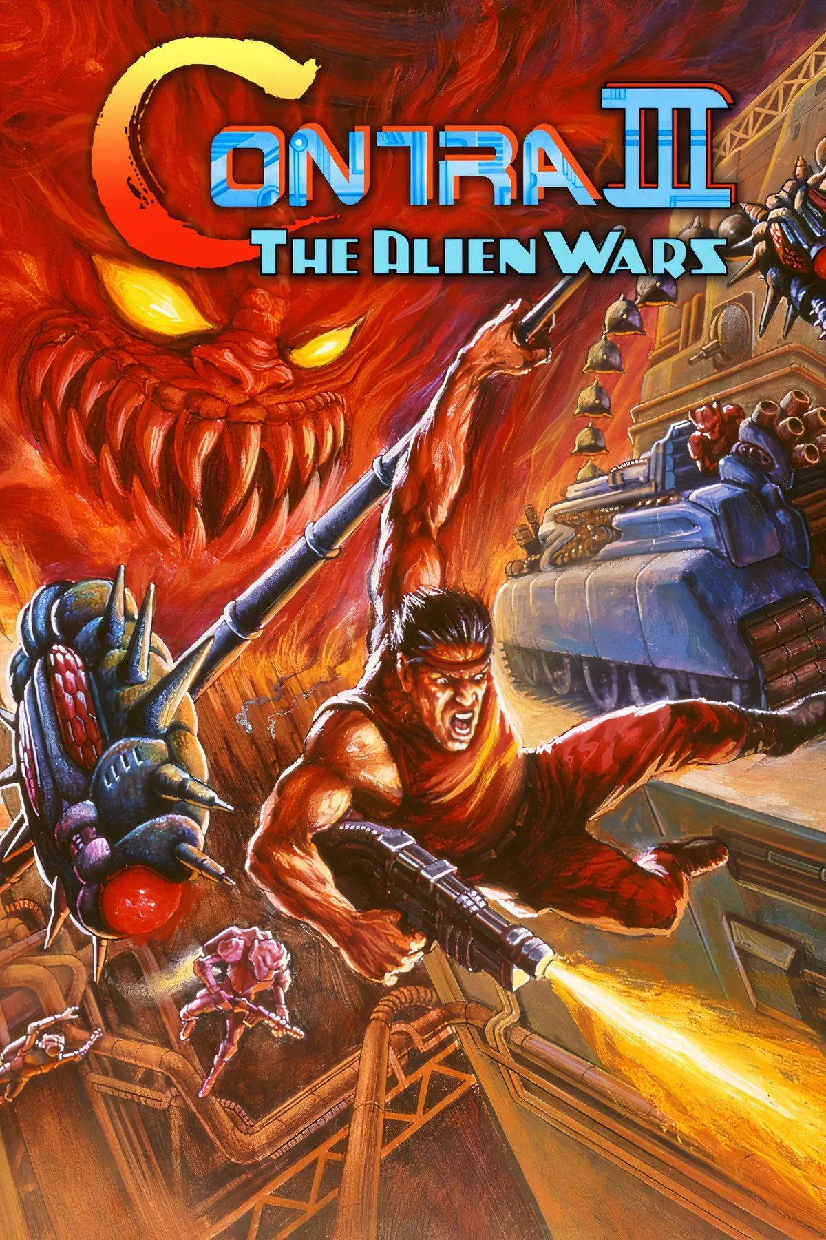 Cảnh chiến đấu trên không với Anti-Contra Battleship Dodriguez trong Contra III: The Alien Wars, thể hiện độ khó của màn chơi.