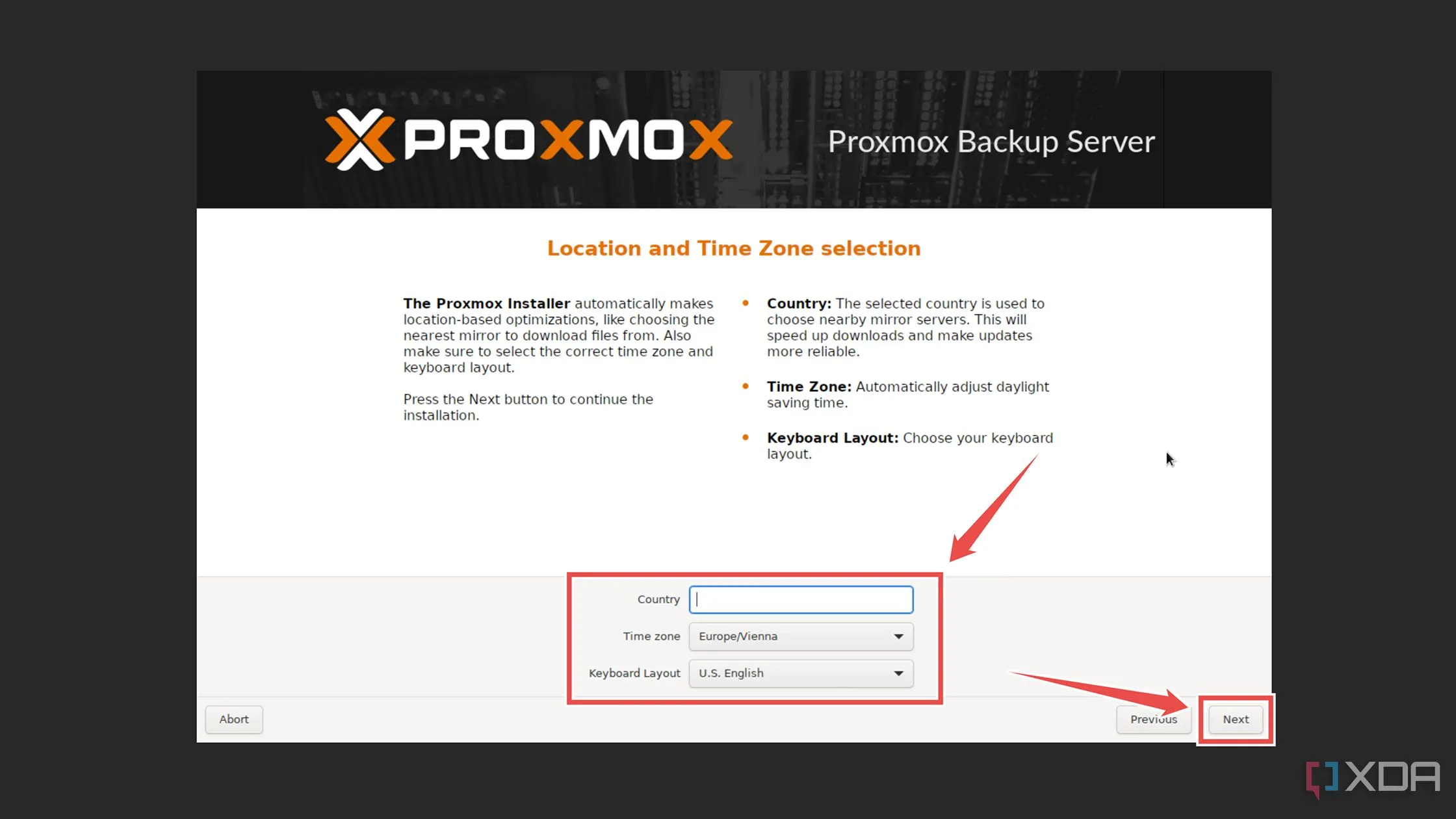 Chọn cài đặt Vị trí và Múi giờ cho Proxmox Backup Server