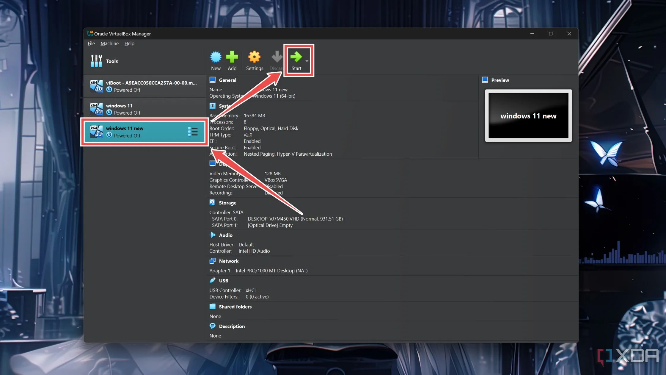 Chọn máy ảo Windows 11 vừa tạo và nhấn nút &quot;Start&quot; để khởi chạy trong VirtualBox.
