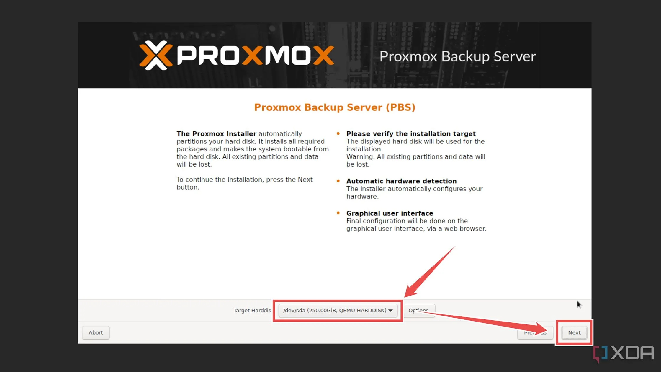 Chọn ổ đĩa cài đặt cho Proxmox Backup Server