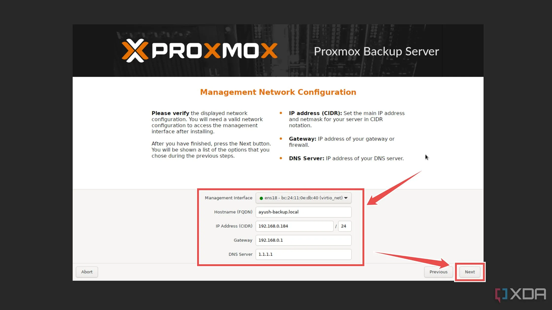 Chọn tùy chọn cấu hình mạng trong trình cài đặt Proxmox Backup Server