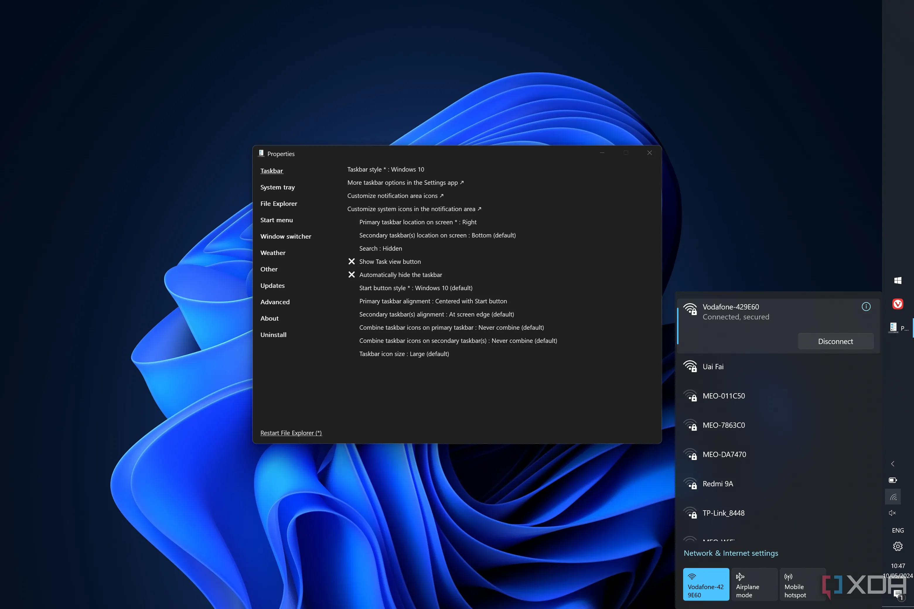 Cửa sổ cài đặt của ExplorerPatcher cho phép tùy chỉnh thanh Taskbar trên Windows 11